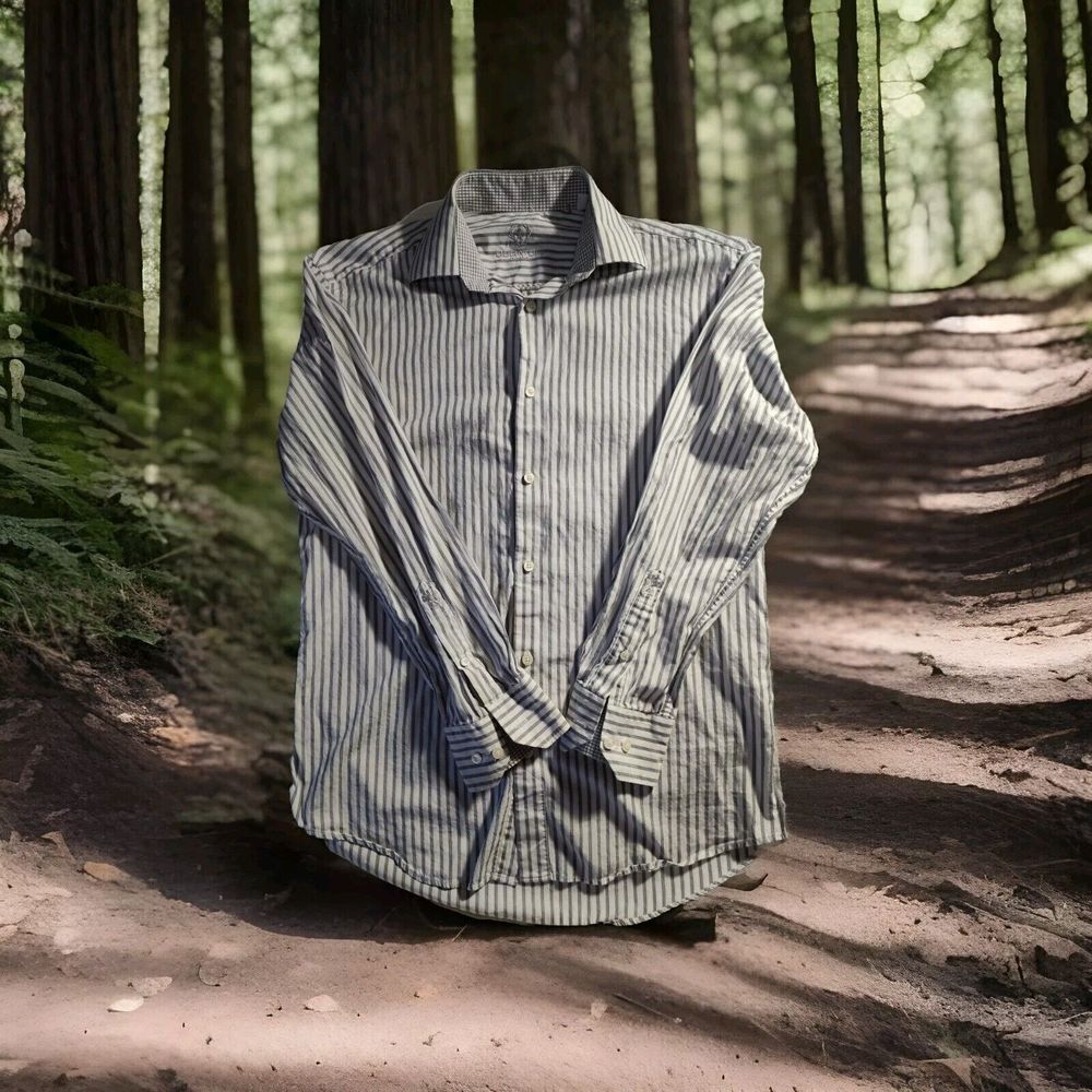 Bugatchi Mens 15.5 32/33 Grey White Striped Dress Button Long Sleeve Shirt 814